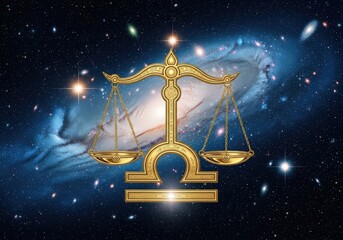 Golden libra zodiac sign with scales in outer space galaxy background