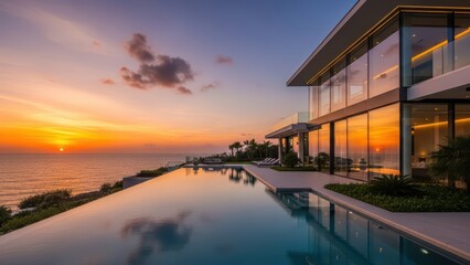 Modern beachfront villa with infinity pool at sunset