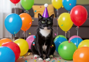 Cute black and white cat wearing a purple hat surrounded by balloons