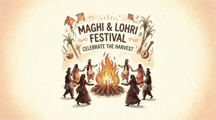 Obraz na płótnie Canvas hand-drawn square poster template for maghi and lohri festival illustration template featuring bonfire with people silhouettes dancing around on light neutral background with soft vignette