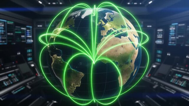 Global Network Connections and Digital Communication in Futuristic Control Room.