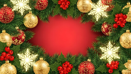 Festive Christmas border featuring green pine branches, shiny red and gold ornaments, glowing snowflakes, and bright red berries framing a vibrant red background.