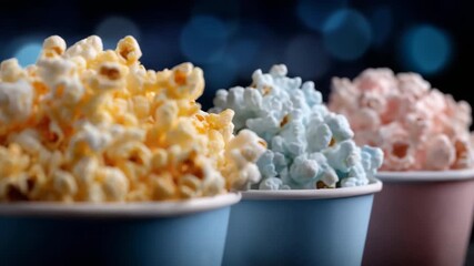 Variety of flavored popcorn in colorful cups with bokeh background