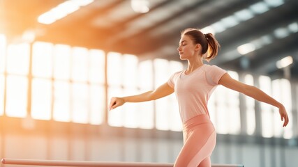 Young woman practicing graceful ballet pose in bright studio for health and wellness