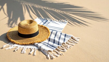 Sandy beach scene straw hat with black band rests on a striped towel under palm leaf shadows in bright sunlight