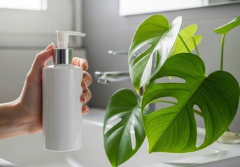 Hand holding a pump bottle near green plant in a modern bathroom