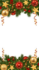 A festive Christmas border with fir branches, red and gold baubles, stars, and ribbons on a white background.