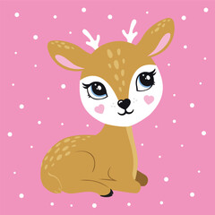Deer cute boho portrait. Winter poster, logo, kids room decor, t-shirt design, print. Perfect for greeting card, invitation, print design, baby shower, t-shirt logo. Children&rsquo;s illustrations. Winter