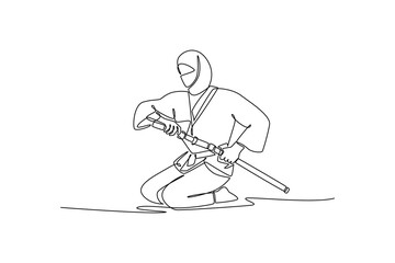 Obraz premium Continuous one line drawing attractive young man ninja kneeling on the ground, drawing sharp katana sword, illustrating stealth and focused action. Single line draw design vector graphic illustration