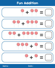 Game for children addition by counting lollipops. Educational mathematical game. Addition game for children. Kids activity sheet. Template for addition