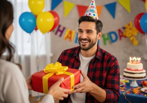 Happy man in birthday hat receiving gift from friend smiling cheerfully - Powered by Adobe