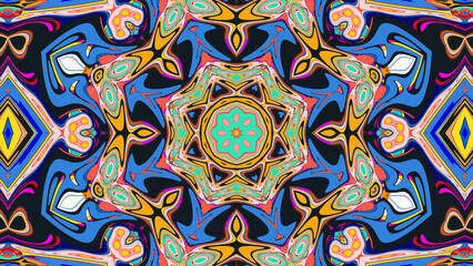Kaleidoscopic geometric design with perfect symmetry and vibrant rainbow colors, creating a bold psychedelic visual effect. Ideal for digital art, music visuals, and retro designs.