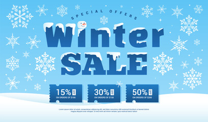 Winter sale coupon promotion vector illustration. Freezing Text with cute snowman on snowflakes background