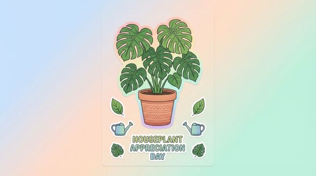 gradient mixed sticker set template for houseplant appreciation day illustration template featuring single large houseplant in decorative pot on simple pastel background with plenty of empty space