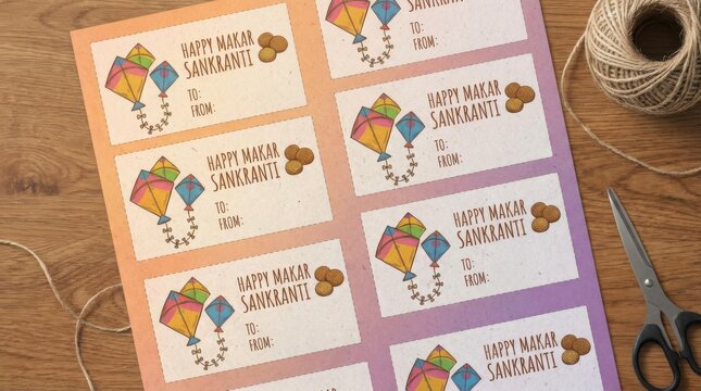 gradient gift tag sheet template for makar sankranti festival illustration template featuring collection of kites and til sweets icons on subtle textured background that looks like paper