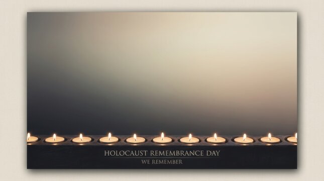gradient desktop wallpaper template for holocaust remembrance day memorial illustration template featuring row of small candles on a dark background on light neutral background with soft vignette - Powered by Adobe