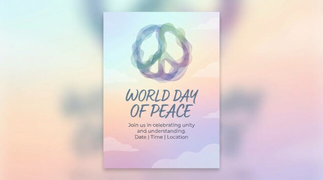 gradient flyer template for world day of peace illustration template featuring peace symbol formed from soft abstract shapes on simple pastel background with plenty of empty space