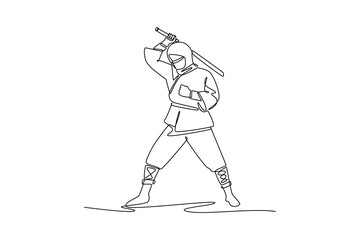 Obraz premium Single one line drawing man ninja poised in wide combat stance, drawing a katana sword for a dynamic strike, illustrating focused action. Modern continuous line draw design graphic vector illustration
