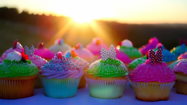 Colorful cupcakes are arranged elegantly as the sun sets in the background, casting a warm glow over the scene. These delightful cupcakes feature intricate designs and vibrant colo