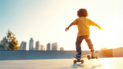Young boy skateboarding in urban skatepark during golden hour sunset, embracing freedom and active lifestyle.