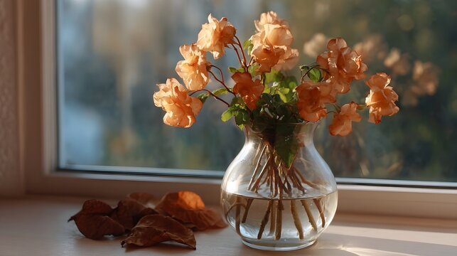 A vase of wilting orange flowers sits on a ill with dry leaves bathed in soft sunlight