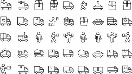 Obraz premium Delivery service icons set featuring trucks, vans, boxes, and couriers for logistics solutions use