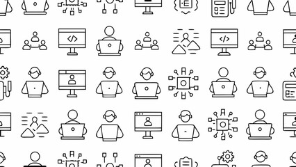 Fototapeta premium Modern seamless pattern of networking, coding, and teamwork icons for tech and business backgrounds