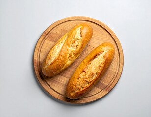 Overhead shot of two loaves of golden, crusty bread on a wooden board
