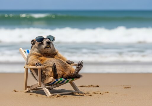 Groundhog wearing sunglasses relaxing on beach chair by ocean waves