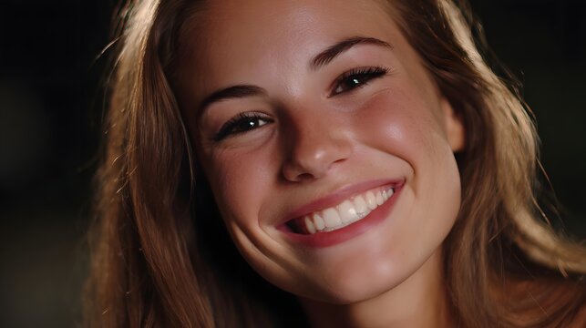 Close up portrait of a young woman with a bright joyful smile and visible dimples lit by dramatic side lighting