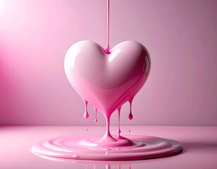 Pink heart, melting with shiny, viscous, cascading liquid