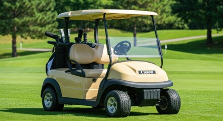 Beige golf cart on a green fairway with golf clubs and accessories