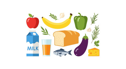 Fresh market haul showcasing colorful healthy foods for balanced diet, featuring fruits, vegetables, dairy, grains, and protein for a nutritious lifestyle