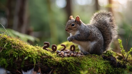Obraz premium A squirrel eating nuts on a moss covered log