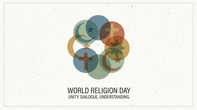 flat wall art print template for world religion day illustration template featuring overlapping shapes representing unity and dialogue on subtle textured background that looks like paper