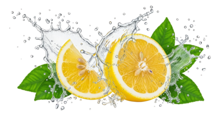 Two lemon halves with green leaves and splashing liquid droplets view on transparent background