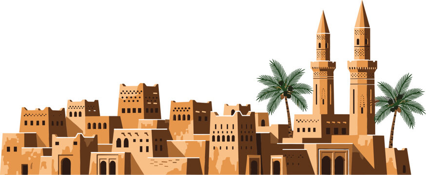 Traditional clay and mud brick architecture of an ancient Arabian city, featuring minarets and palm trees, symbolizing Middle Eastern history and culture vector illustration