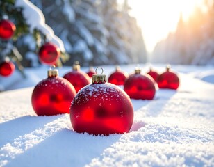 Red Christmas ornaments in a snowy landscape, bathed in sunlight