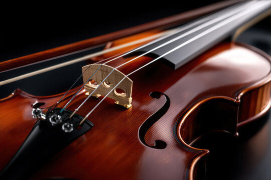 Close-up view of a finely crafted violin displaying its intricate details and elegant design