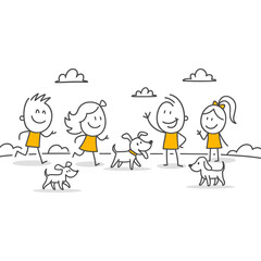 Dogs Running Happily on a Sunny Day and Their Affectionate Owners.