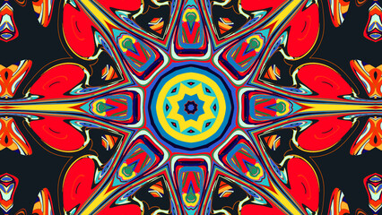 Kaleidoscopic geometric design with perfect symmetry and vibrant rainbow colors, creating a bold psychedelic visual effect. Ideal for digital art, music visuals, and retro designs.