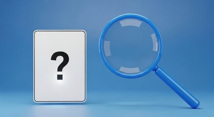 Magnifying glass inspecting card with question mark on blue background
