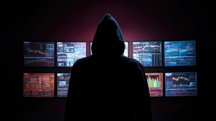 A mysterious hooded figure, seen from behind, monitors multiple screens displaying complex data, charts, and graphs, suggesting a hacker or advanced analyst at work.