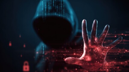 A hooded hacker with binary code behind, contrasted by a glowing digital hand asserting cybersecurity protection against digital threats and data breaches.