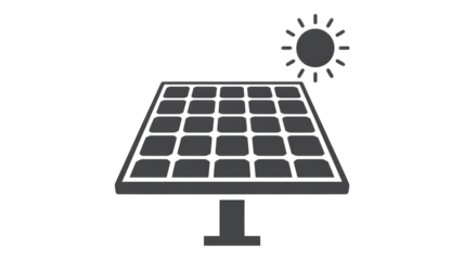 Illustration of a solar panel with a sun symbol on a black background in gray tones