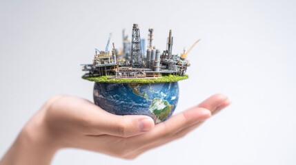 A hand holds a miniature Earth globe featuring an industrial complex, symbolizing human impact, resource demands, and global industry's environmental footprint.