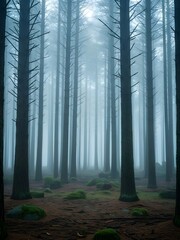 Fototapeta premium Silent Pine Woods in Heavy Fog with Lone Person