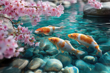 Koi fish swimming peacefully under cherry blossoms in a serene pond during springtime