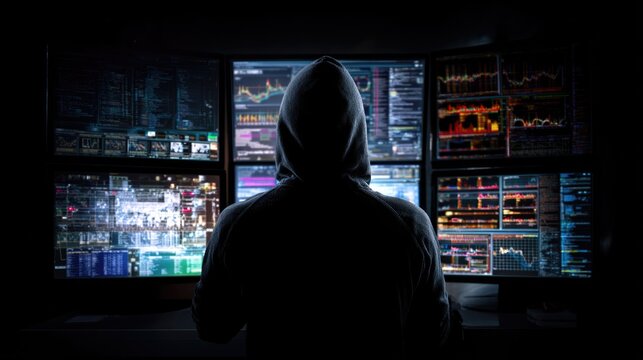 A mysterious hooded figure works in a dark room, surrounded by multiple glowing monitors displaying complex code, data, and charts for cybersecurity. - Powered by Adobe