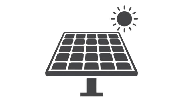 Illustration of a solar panel with a sun symbol on a black background in gray tones